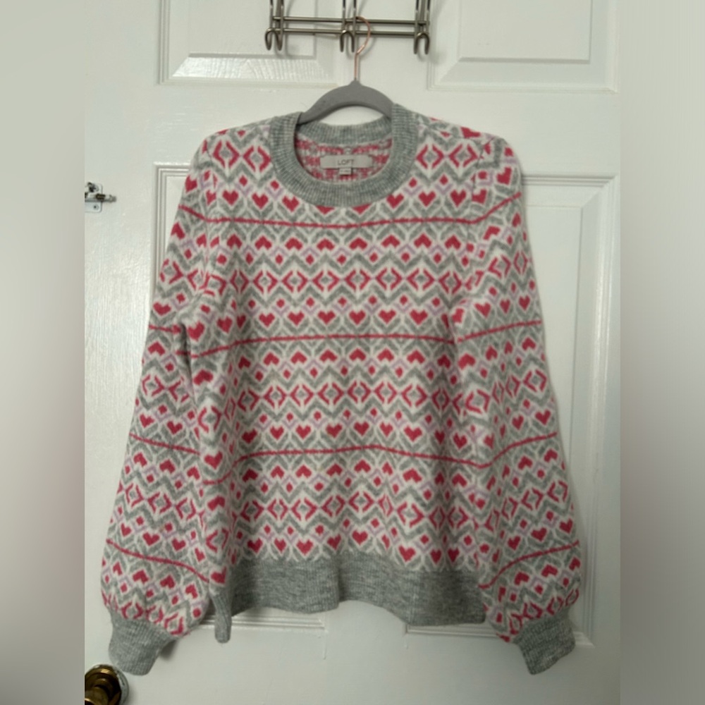 LOFT Gray Knit Crewneck Sweater with Pink Fair Isle Hearts